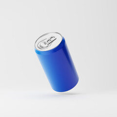 Falling blue aluminum soda can isolated over white background. Mockup template. 3d rendering.