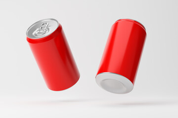 Falling red aluminum soda cans isolated over white background. Mockup template. 3d rendering.