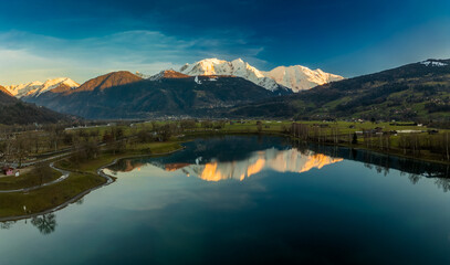 Aerial drone view of Lac de Passy lake in Domancy, France