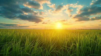 Closeup of a sunset beauty over a rice field with blue sky and clouds landscape, agricultural background