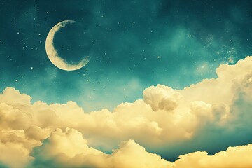 Obraz na płótnie Canvas Enigmatic Moon amid Star-Studded Sky and Cumulus Clouds