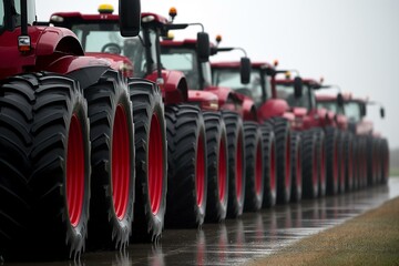 Lineup of Modern Tractors on a Rainy Day