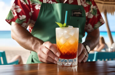 A male waiter in a Hawaiian shirt and a green apron in a beach cafe serves a colored cocktail with a straw. Summer beach holiday concept