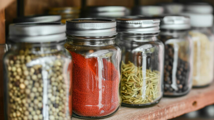 Close-up of a variety of spices and herbs in glass jars on a kitchen shelf.