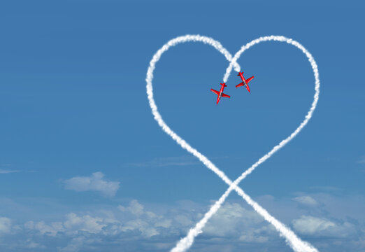 Connection Of Love as a symbol for trust and uniting together in a common goal for a relationship with acrobatic jet airplanes as an air show representing compatibility and a romantic heart of passion