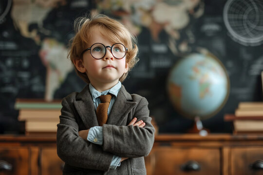 Young child dressed as professor in classroom Generative AI image