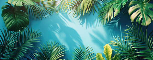 palm leaves and bright natural light on a blue background