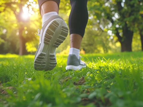 Man's legs, clad in sports shoes, jogging in the park 