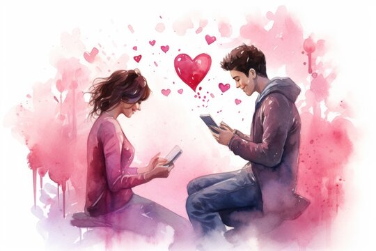 The art of love is depicted in a watercolor painting that shows a couple sitting with their phones in their hands holding a bright red heart-shaped balloon. Valentine's Day holiday.