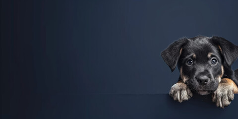 Dark blue banner with a puppy on the side with space for copy space
