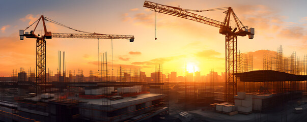 construction of a building at sunset or sunrise  , Tower Crane , buildings under construction , unfinished buildings, , panoramic view, concrete and iron columns