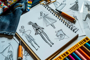 Fashion designer sketches and tools on a creative workspace Generative AI image