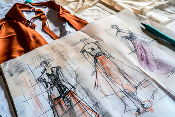Fashion design sketches and fabric on a workspace Generative AI image