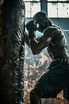Anonymous African American boxer training hard in a moody gym setting. Generative AI image