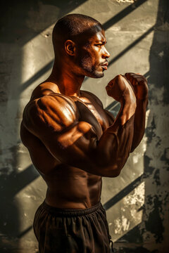 Black boxer poised in dramatic lighting. Generative AI image