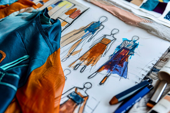 Fashion design sketches and fabric samples on a table Generative AI image