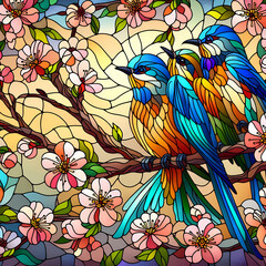 Illustration in stained glass style with spring bright birds on the blooming branches