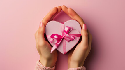 Close up on female hands holding a gift in a pink heart presents for anniversary, birthday, mother's day. Flat lay. Symbol of affection. Valentines day background with a gift box.