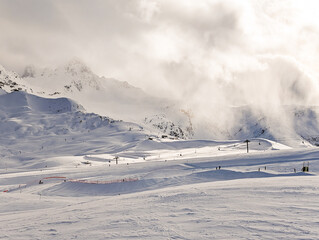 Mountains and skiing in Les Contamines, French alps.