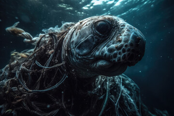 Generative AI illustration of close-up of a sea turtle entangled in fishing nets underwater, a somber representation of marine life facing pollution