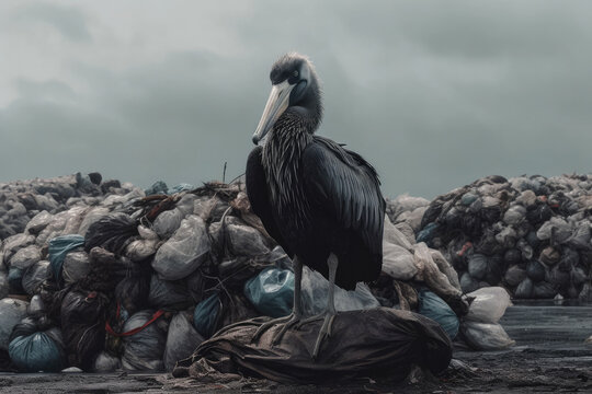 Generative AI illustration of solitary pelican stands amid a vast landscape of plastic waste, with a backdrop of gloomy skies, highlighting the stark contrast between nature and pollution