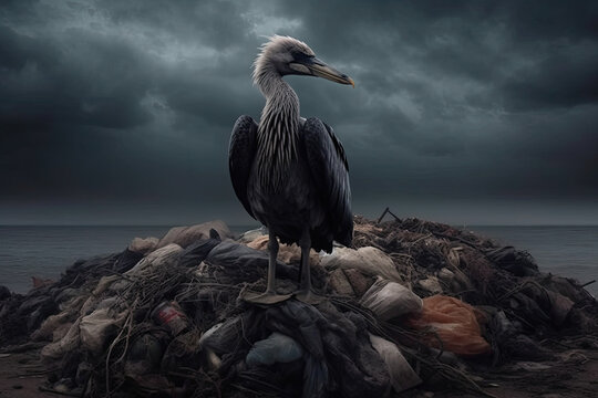 Generative AI illustration of grey heron stands on a pile of assorted garbage by the sea under a stormy sky, symbolizing environmental neglect