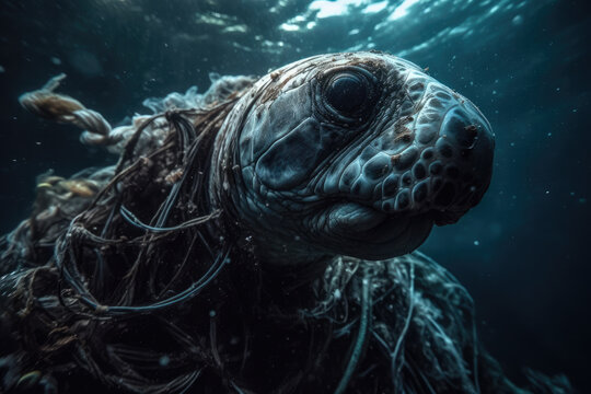 Generative AI illustration of close-up of a sea turtle entangled in fishing nets underwater, a somber representation of marine life facing pollution