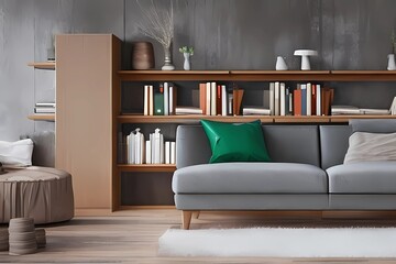Green sofa against concrete wall with fireplace and book shelves. Loft home interior design of modern living room

