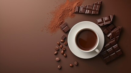Cup of coffee and chocolate on brown background. 3d illustration - Generative AI