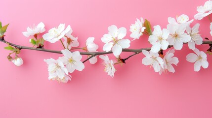 Fototapeta na wymiar Cherry blossom branch on pink background. Top view, flat lay - Generative AI