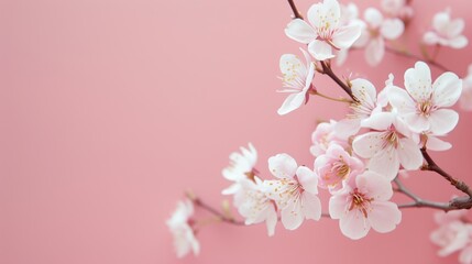 Fototapeta na wymiar Cherry blossom branch on pastel pink background. Spring flowers. - Generative AI