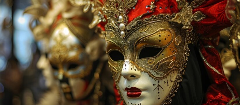 Venetian mask artistry: Intricate charms of elegant carnival masks in a winter shop display.