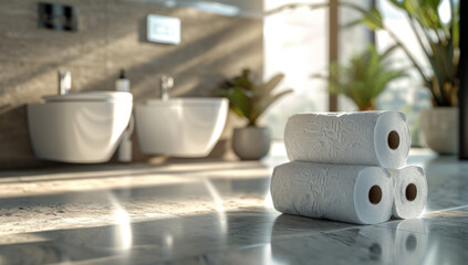 rolls of toilet paper sitting on table next to sink, in the style of modern urban