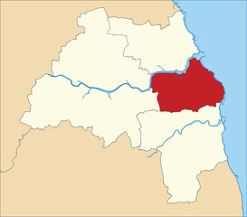 Fototapeta na wymiar Red flat blank highlighted location map of the METROPOLITAN BOROUGH OF SOUTH TYNESIDE inside beige administrative local authority districts map of Tyne and Wear, England