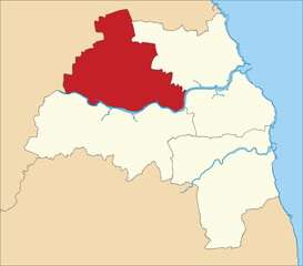 Red flat blank highlighted location map of the METROPOLITAN BOROUGH AND CITY OF NEWCASTLE UPON TYNE inside beige administrative local authority districts map of Tyne and Wear, England
