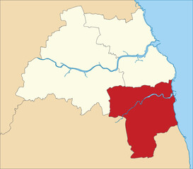 Red flat blank highlighted location map of the METROPOLITAN BOROUGH AND CITY OF SUNDERLAND inside beige administrative local authority districts map of Tyne and Wear, England