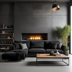 Black sofa against concrete wall with fireplace and book shelves. Loft home interior design of modern living room 
