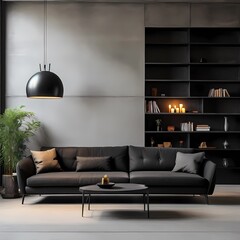 Black sofa against concrete wall with fireplace and book shelves. Loft home interior design of modern living room 