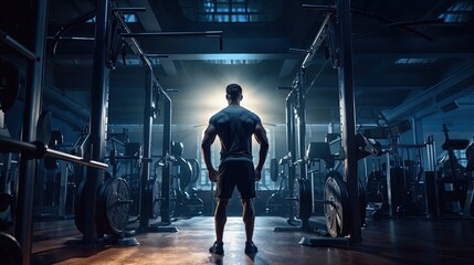 Obraz premium A focused, fit man lifts weights in a gym, showcasing strength and dedication to his fitness routine. Muscles flex with each controlled movement, embodying a commitment to well-being.