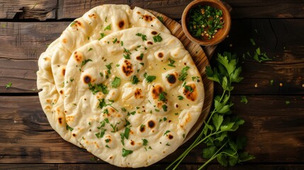 Indian naan bread with parsley on wooden background, top view - Generative AI