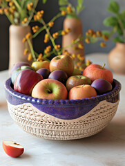 Corbeille à fruit en céramique émaillée garnie de pommes, cuisine et intérieur design