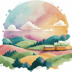 Watercolor-inspired design of a train