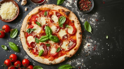 Pizza with mozzarella cheese, tomatoes and basil on black background - Generative AI