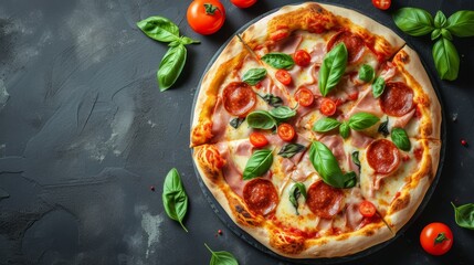 Pizza with salami, mozzarella cheese, tomatoes and basil on black background - Generative AI