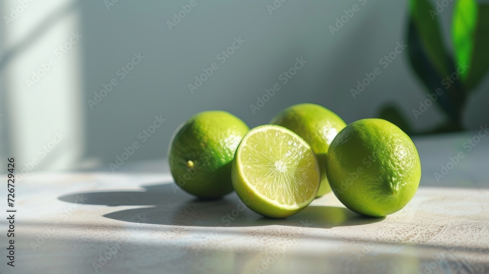 Poster lime slices on a white table in sunlight. copy space. - generative ai