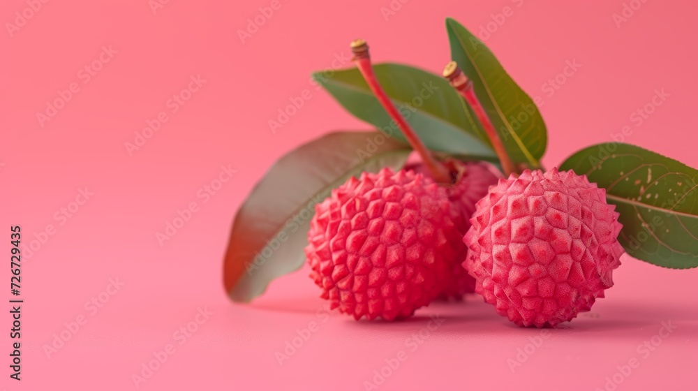 Poster fresh lychee fruit on pink background with copy space for text. - generative ai