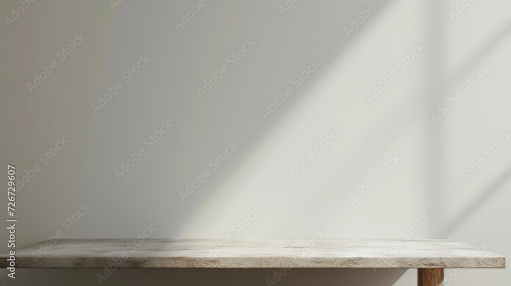 Poster empty top of natural stone shelf on white wall background. for product display - generative ai