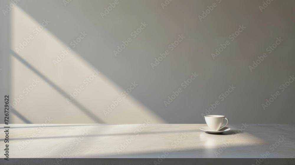 Poster cup of coffee on a white table in the room. 3d rendering - generative ai