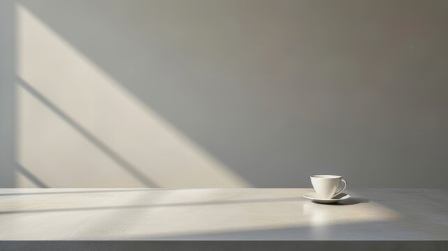 Cup of coffee on a white table in the room. 3d rendering - Generative AI