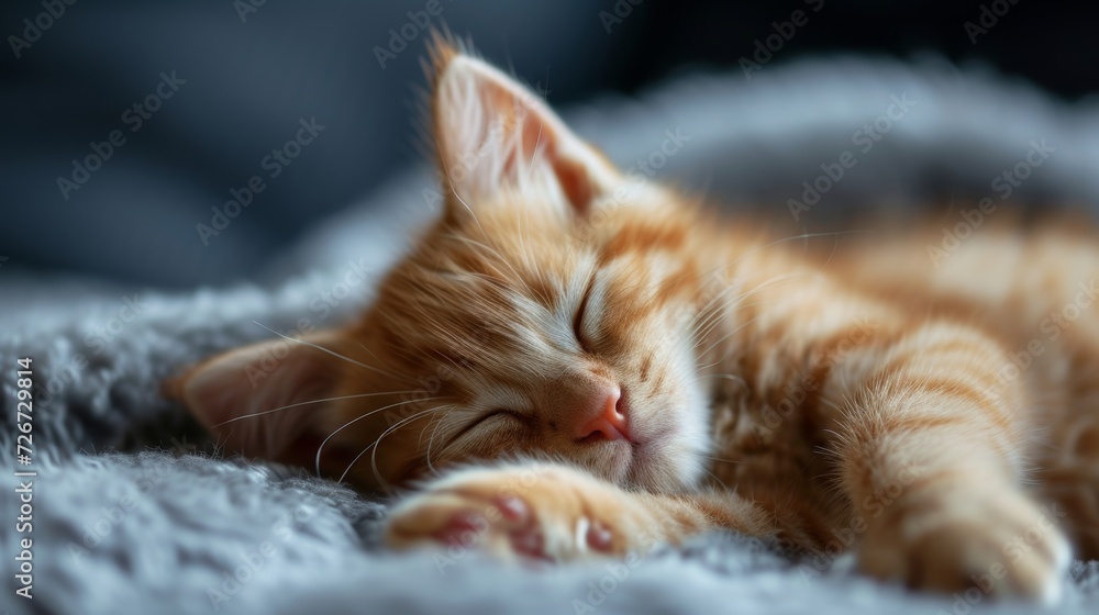 Poster cute ginger kitten sleeping on a soft blanket. shallow depth of field - generative ai